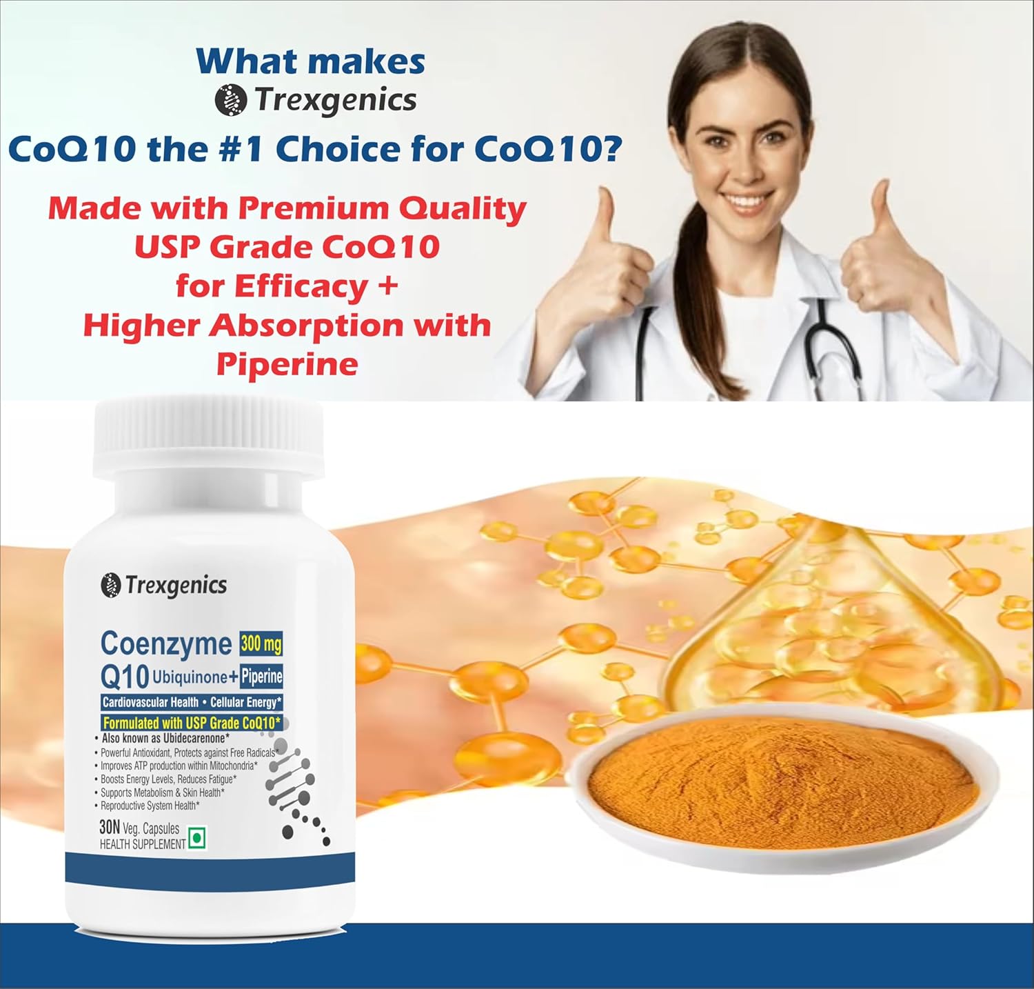 Trexgenics COENZYME Q10 300 mg USP grade Ubiquinone (Ubidecarenone) with Piperine 12 mg Antioxidant, Cellular Energy, Heart Health (30 Veg Capsules))