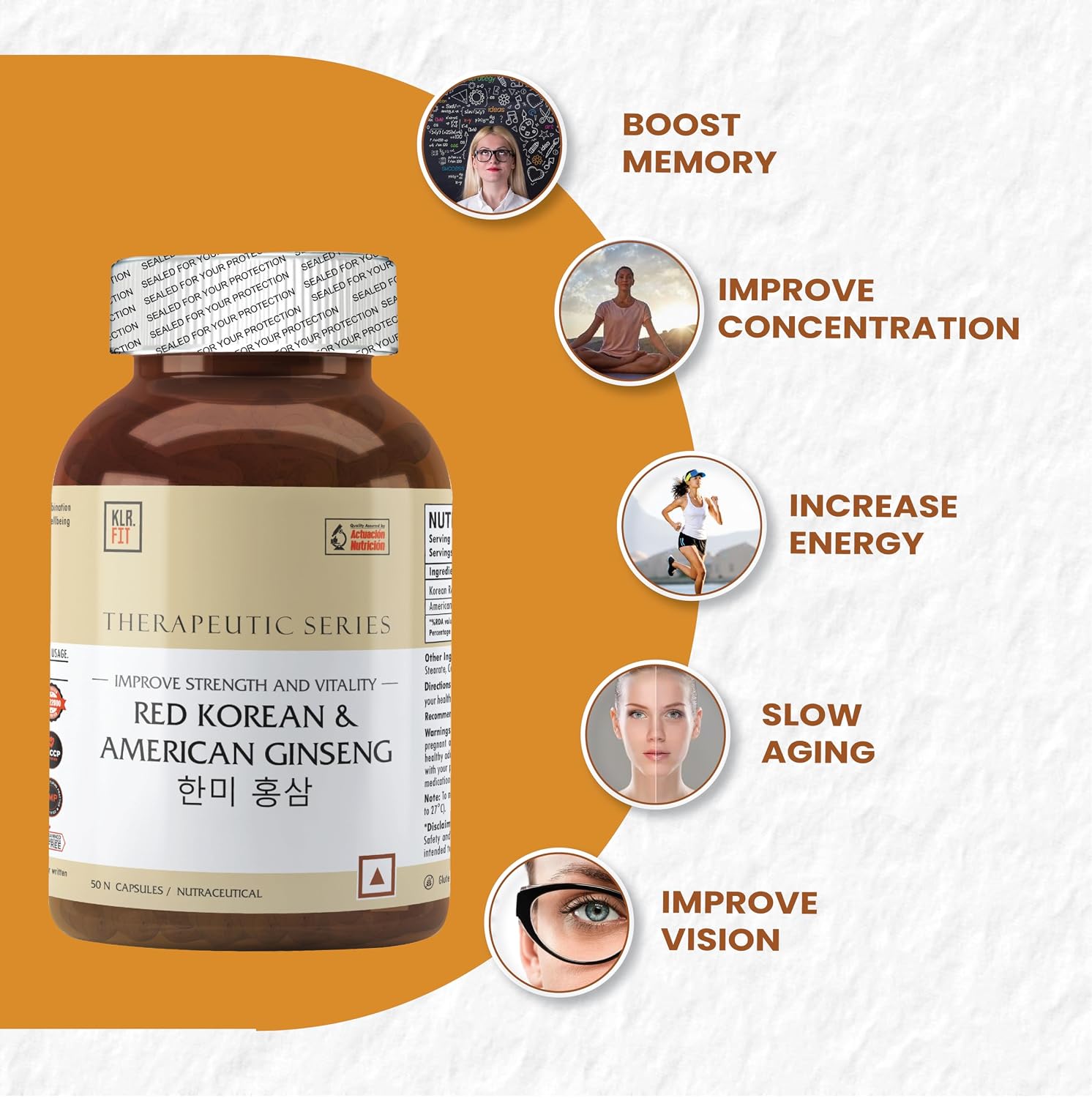 Klr.Fit's Korean Red and American Ginseng | Boosts Energy, Supports Immune System, and Reduce Stress | For Men & Women | With 20% Ginsenosides content | 50 Capsules