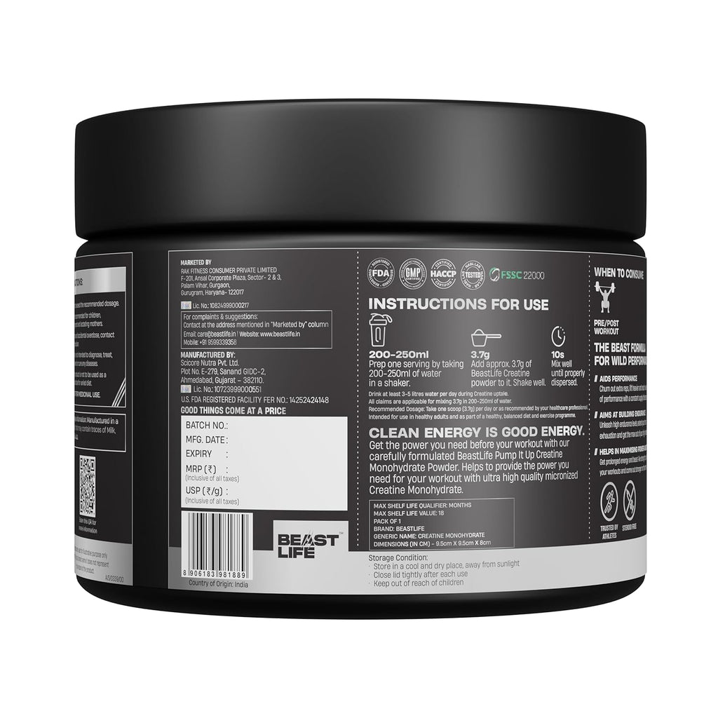 BeastLife Micronised Creatine Monohydrate Powder Shikanji Flavour 125g | 33 Servings | NABL Lab Tested | Rapid Absorption for Muscle Strength & Athletic Performance