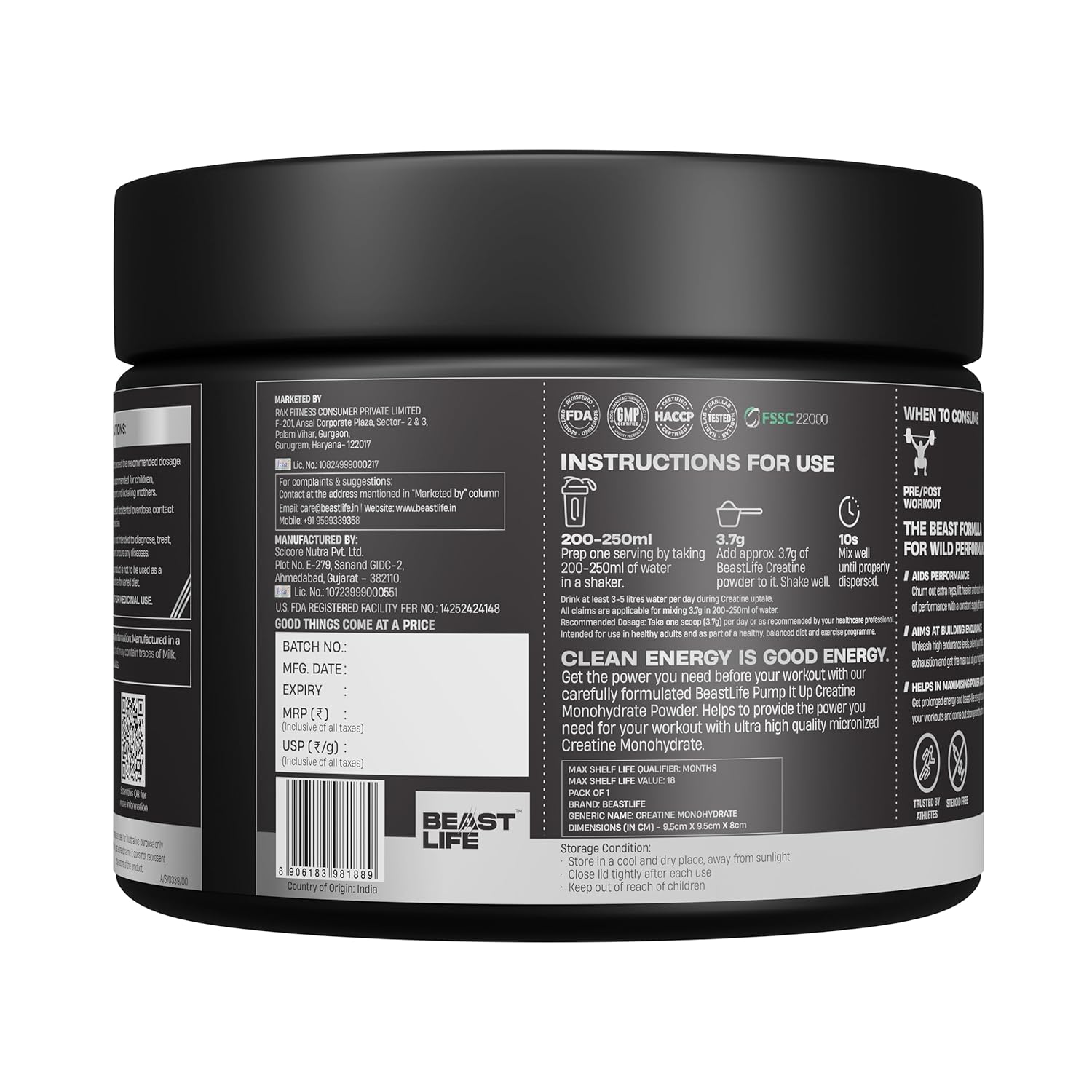 BeastLife Micronised Creatine Monohydrate Powder Shikanji Flavour 125g | 33 Servings | NABL Lab Tested | Rapid Absorption for Muscle Strength & Athletic Performance