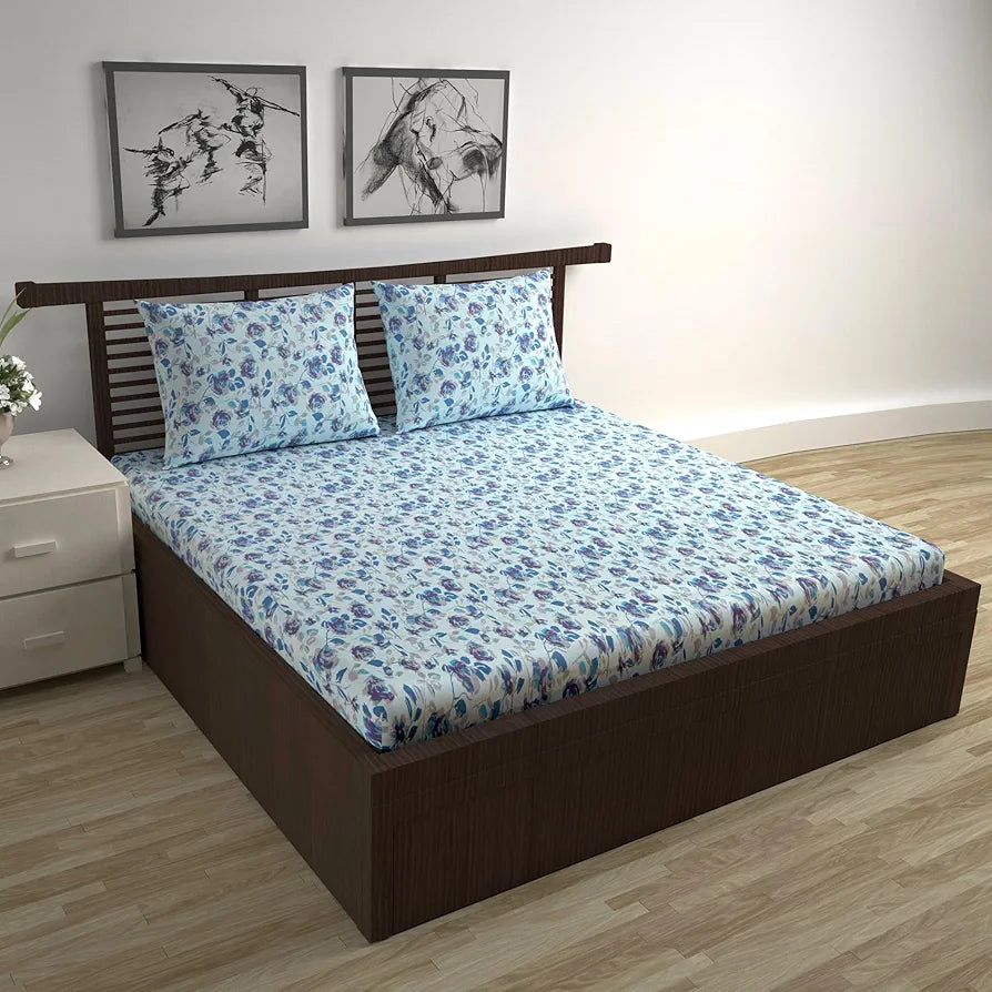Divine Casa 144 TC Pure Cotton Double Bed Bedsheet with 2 Pillow Covers Floral Pattern Colour Sky Purple Blue