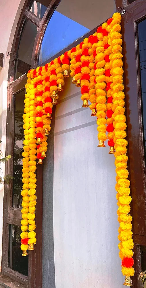 Artificial Marigold Bandanwar 40 Inch Yellow Orange Full Door Toran with Decorative Bells Multicolor Marigold With Bell Bandanwar