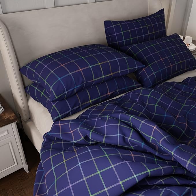 Stoa Paris Vogue Microfibre Comforter for King Size Bed with 4 Pillow Covers Colour Indigo Rainbow Chèques
