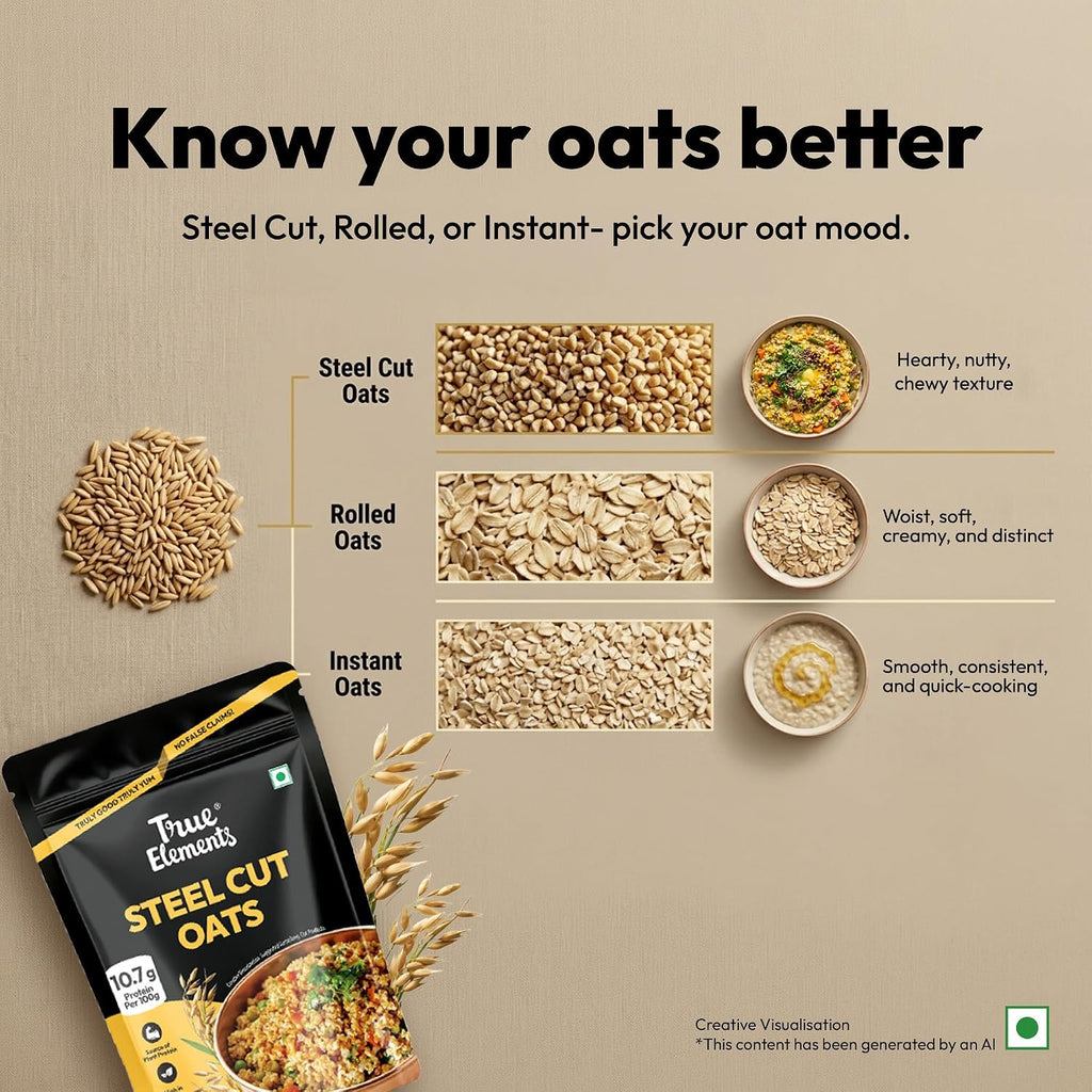 True Elements Steel Cut Oats 1kg - Steel Cut Oats for Weight Management | Sugar Free | Healthy Breakfast | 100% Wholegrain | Diabetic Friendly | Breakfast Cereal
