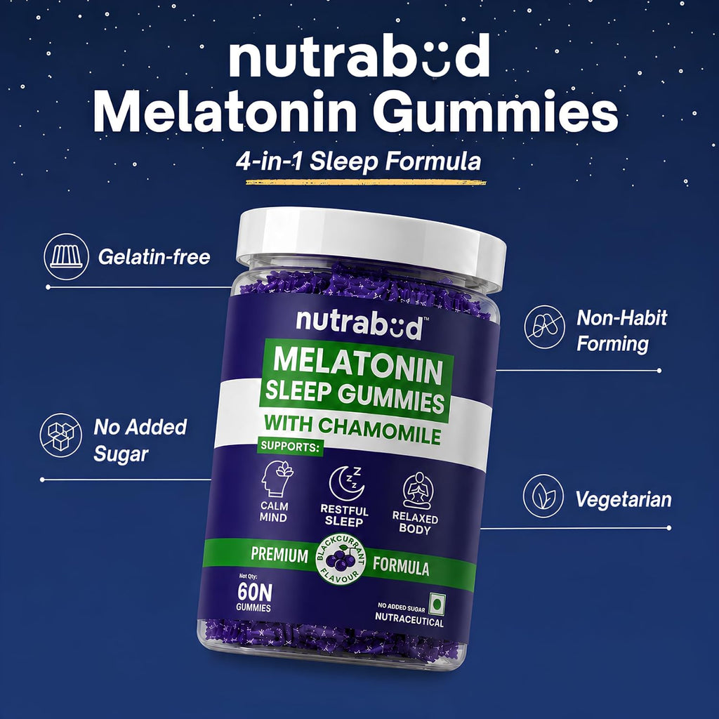 Nutrabud Melatonin Sleep Gummies 3mg For Men, Women | No Added Sugar | Fall Asleep Fast & Restful Deep Sleep | Blackcurrant Flavor Veg Gummy Supplement (60 Count (Pack of 1))