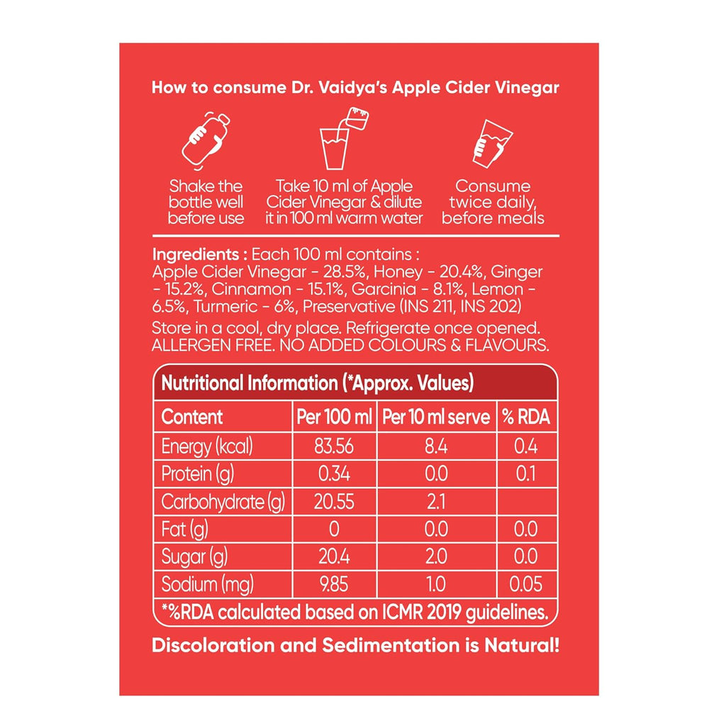 Dr. Vaidya Apple Cider Vinegar Juice | Natural ACV Juice for Weight Loss & Detox | Aids Digestion & Gut Health | Metabolism Booster | ACV Detox Drink Fat Burner for Men & Women | 450ml