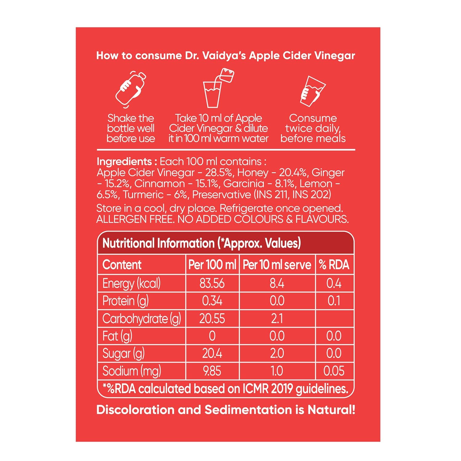 Dr. Vaidya Apple Cider Vinegar Juice | Natural ACV Juice for Weight Loss & Detox | Aids Digestion & Gut Health | Metabolism Booster | ACV Detox Drink Fat Burner for Men & Women | 450ml