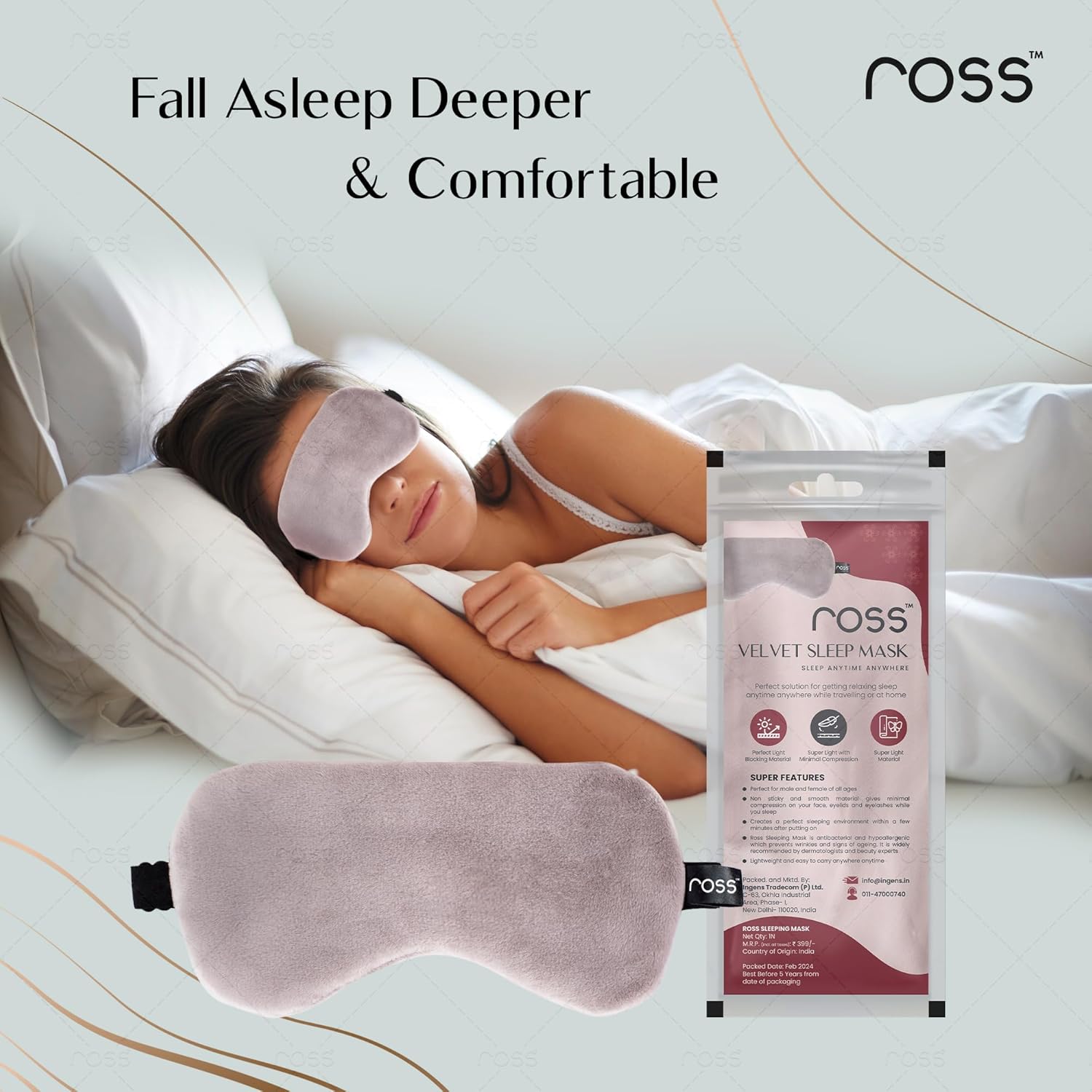 Ross Breathable Fabric Sleep Eye Mask â€“ Ultra-Soft, Smooth & Cozy with Adjustable Strap for Ultimate Comfort, Light Blocking & Deep Sleep â€“ Perfect for Travel, Meditation, Naps, Relaxation & Stress Relief - Grey