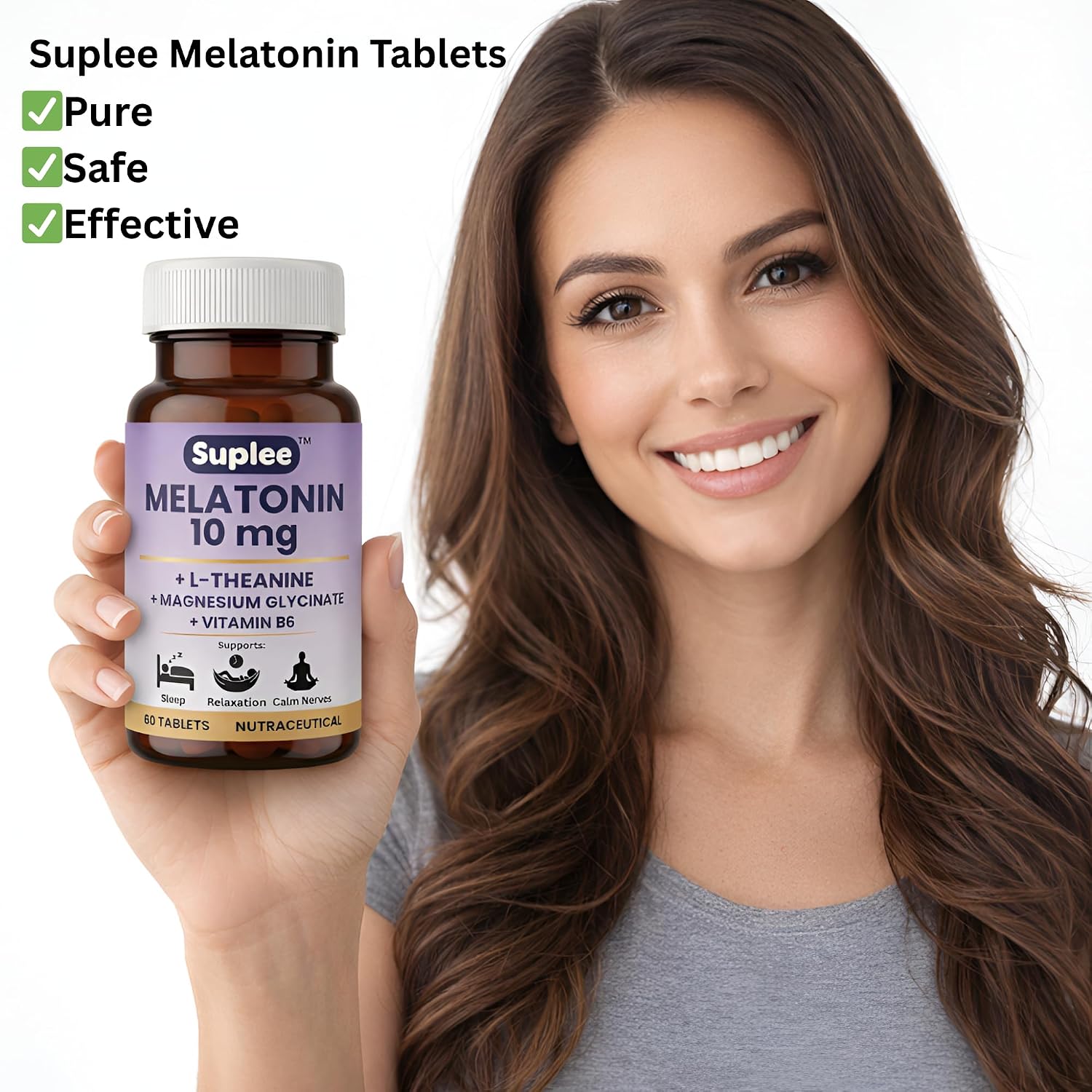Suplee Melatonin 10mg (60 Tablets) with L-Theanine, Magnesium Glycinate & Vitamin B6 - Night Time Sleep Support Supplement - Helps with Deep Sleep & Mental Relaxation - Non-Habit Forming
