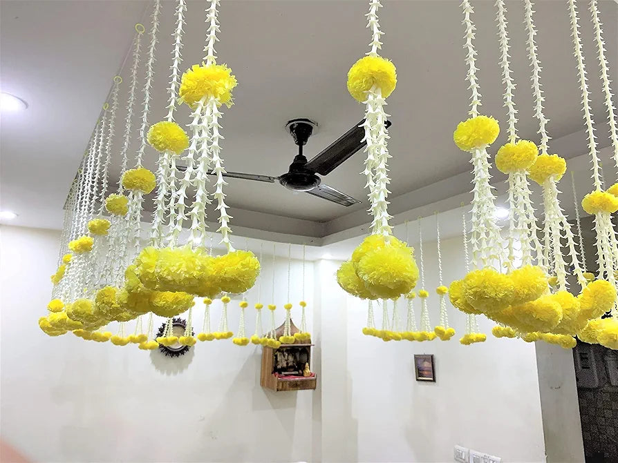 Artificial Rajnigandha Clustered Fluffy Marigold Strings 2.33 ft  Pack of 6 Yellow
