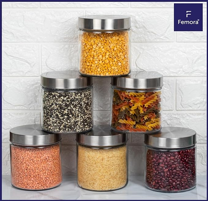 Femora Kitchen Storage Jars Borosilicate Glass With Steel Lid Air Tight Kitchen Jar and Container | 1600 ML | Pack of 2