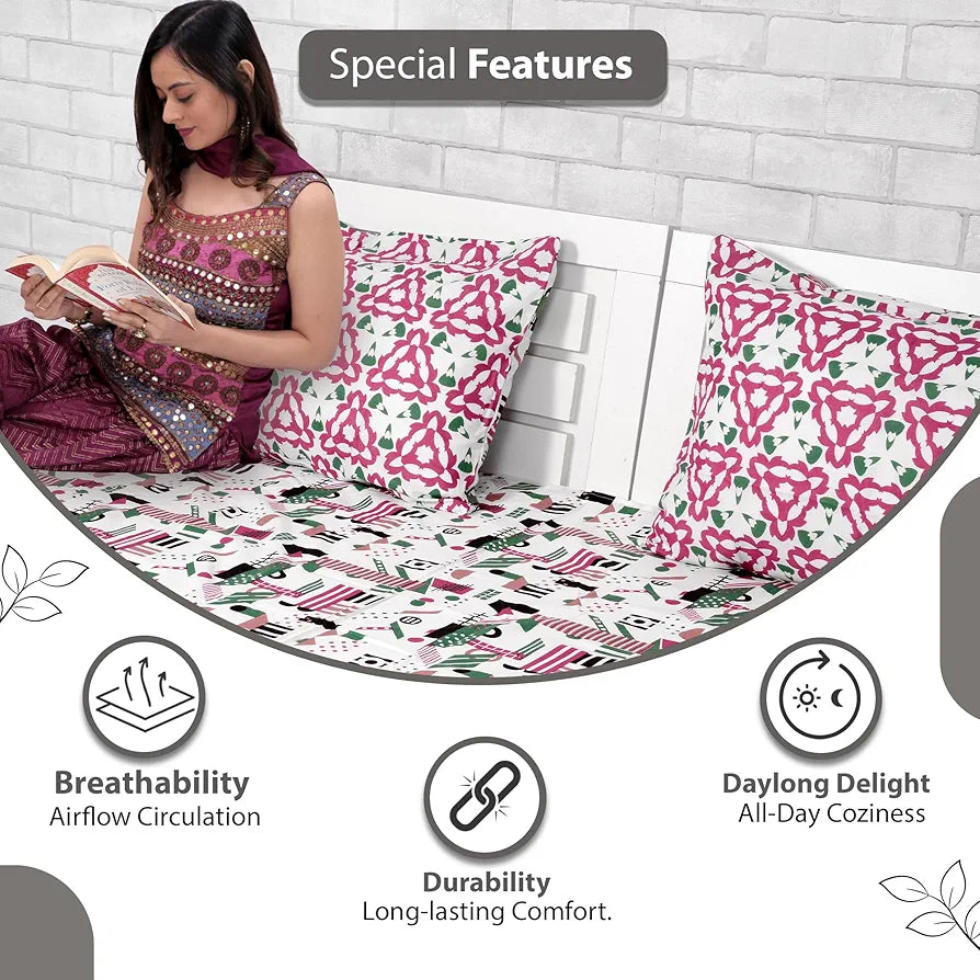 Divine Casa 144 TC Super Soft Cotton Bedsheet for Double Bed  144 Thread Count Abstract Colour Pink & White