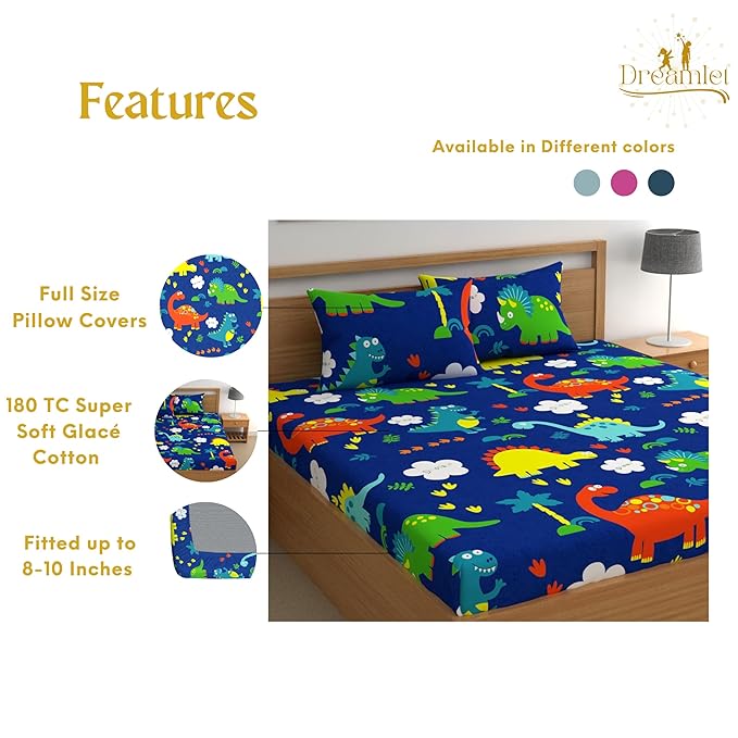 Dreamlet 180tc Cotton Feel All Around Elastic Fitted Bedsheets King Size for Double Bed With 2 Pillow Covers | Blue