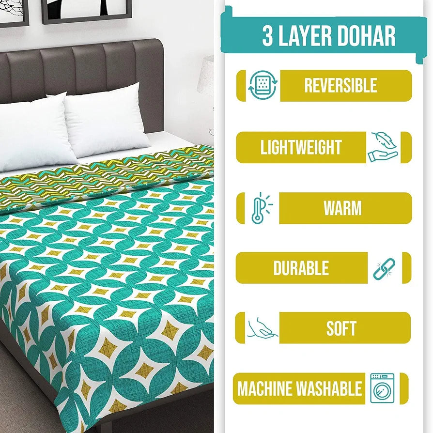 Divine Casa 120 GSM Glace Cotton Double Bed Dohar Lightweight AC Blanket Colour Turquoise Blue & Leaf Green