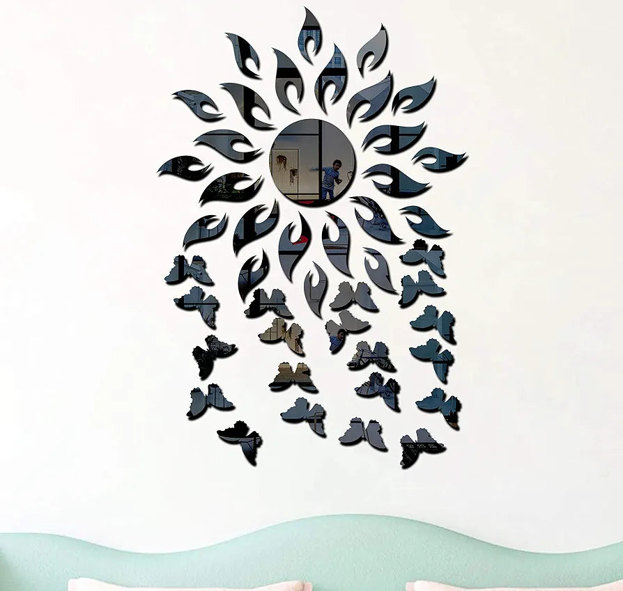Bikri Kendra Sun with 20 Butterfly 3D Acrylic Glass Wall Mount Mirror Wall Stickers Pack of 1