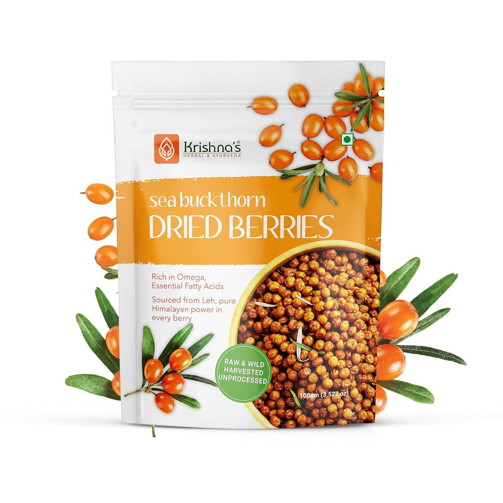 Krishnaâ€™s Sea Buckthorn Dried Berries - 100g | Natural Himalayan Berries | Raw & Unprocessed | Rich in Omega 3, 6, 7, 9 & Natural Vitamin C | No Added Sugar or Preservatives