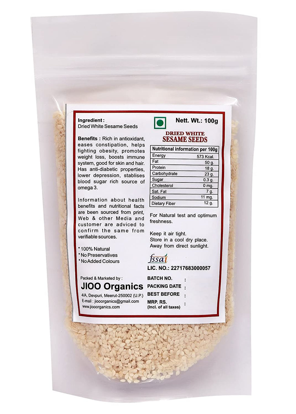 Jioo Organics White Sesame Seeds - 100 gms