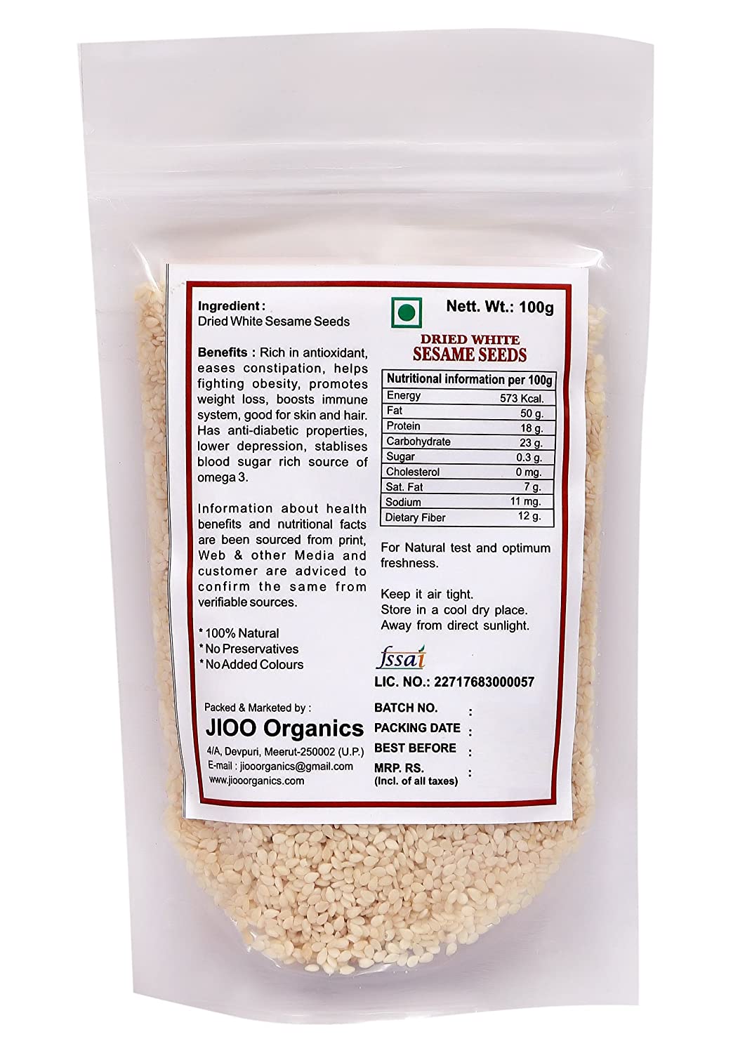 Jioo Organics White Sesame Seeds - 100 gms