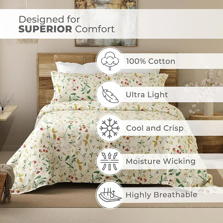 Layers Emaline Cotton King Bedsheet Set 1 King Cotton Bedsheet & 2 Pillow Covers Breathable & Anti-Wrinkle 144 TC Beige Floret Meadow