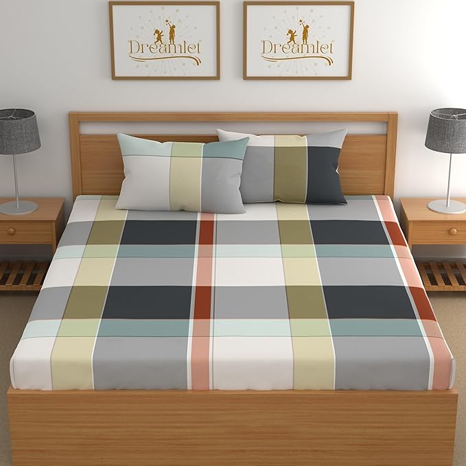 Dreamlet All Around Elastic Supersoft 210tc Premium Cotton Elastic Fitted Bedsheets With 2 King Size Pillow Covers | Green and Grey