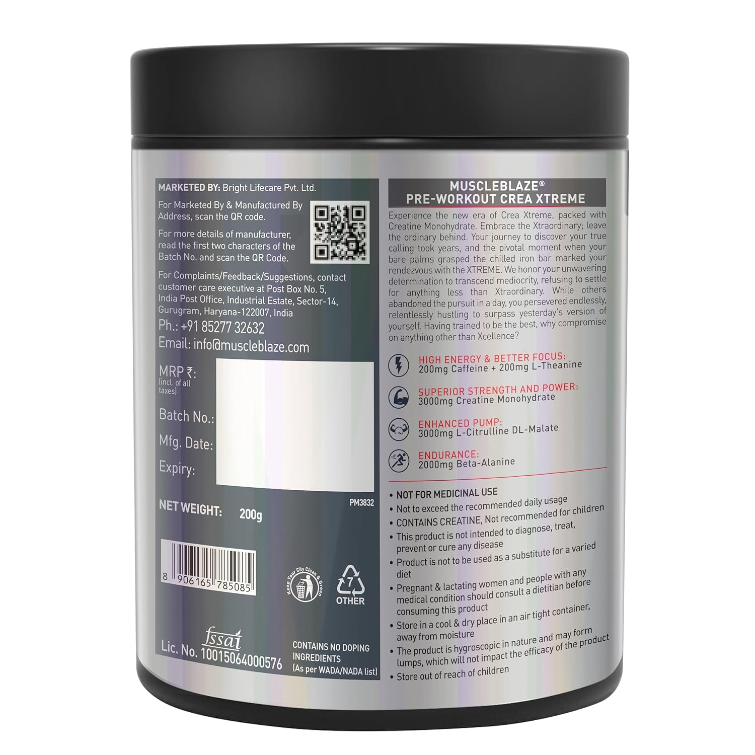 MuscleBlaze Pre Workout Crea-Xtreme (Berry Lime, 200g, 20 Servings) | 3000 mg Creatine Monohydrate, 200mg Caffeine, 200mg Theanine, 2000mg Beta Alanine