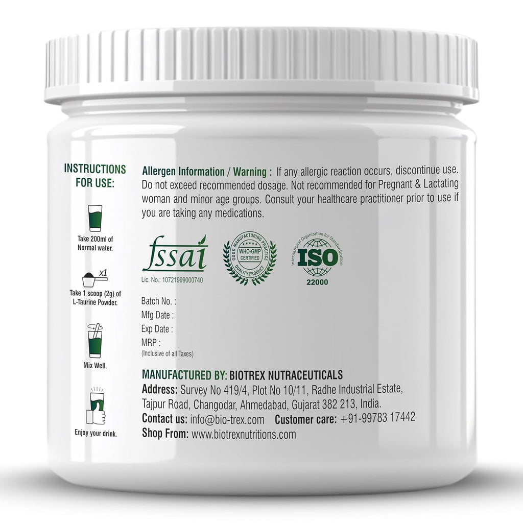 Biotrex Nutraceuticals L-Taurine Powder | Amino Acid Supplement For Athletic Performance | Cardiovascular Health & Enhances Muscle Function | Men & Women - 250Gram (Serving 125)