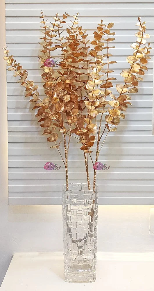 Plastic Artificial Flowers For Decoration Flower Bunch Long Size Eucalyptus Gingko Stick Stem Golden 85 Cm Height