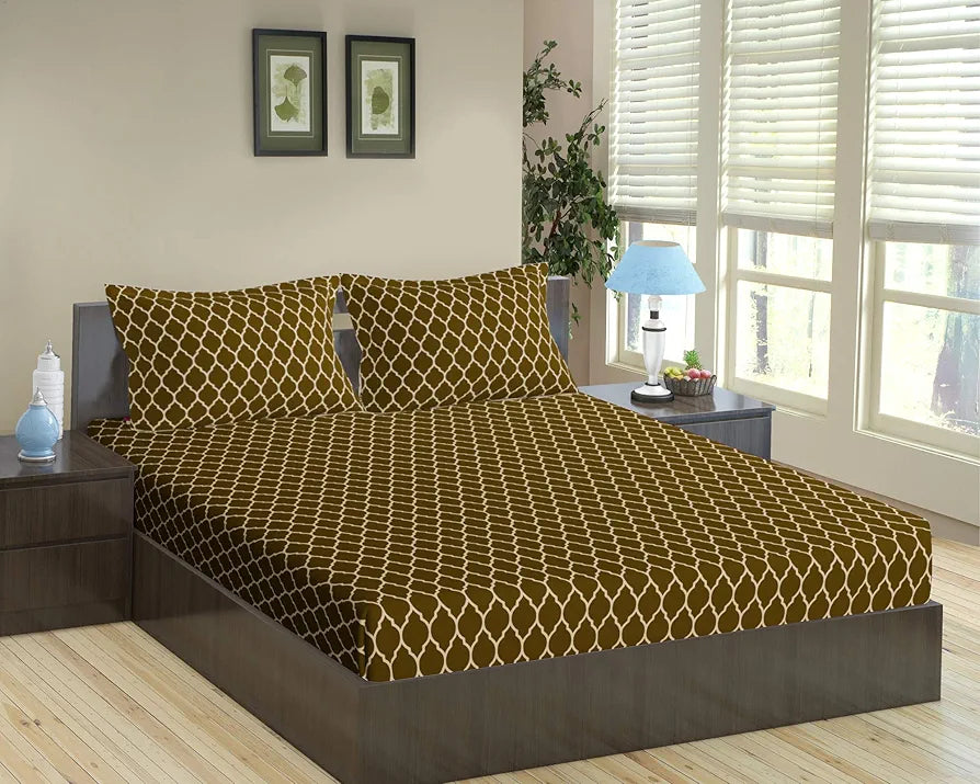 Trance Home Linen 200TC 100% Cotton 78"x72" Standard King Size Elastic Fitted Bedsheet Printed King Bed Size with 2 Pillow Covers Colour Dori Forest Green