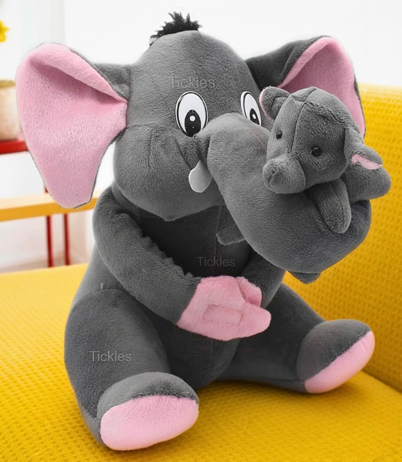 Tickles Elephant Mother with Baby Soft Stuffed Plush Animals Toy for Kids 25 cm Color Grey