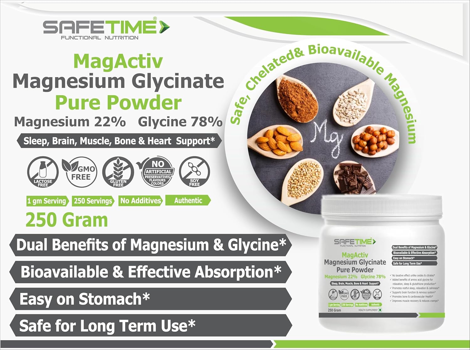 MagActiv MAGNESIUM GLYCINATE PURE POWDER 250 GRAM, 22% Magnesium 78% Glycine, Heart, Sleep, Bone,Metabolism, Migraine, Relaxation, Stress Support (250 gram) (Pack of 1)