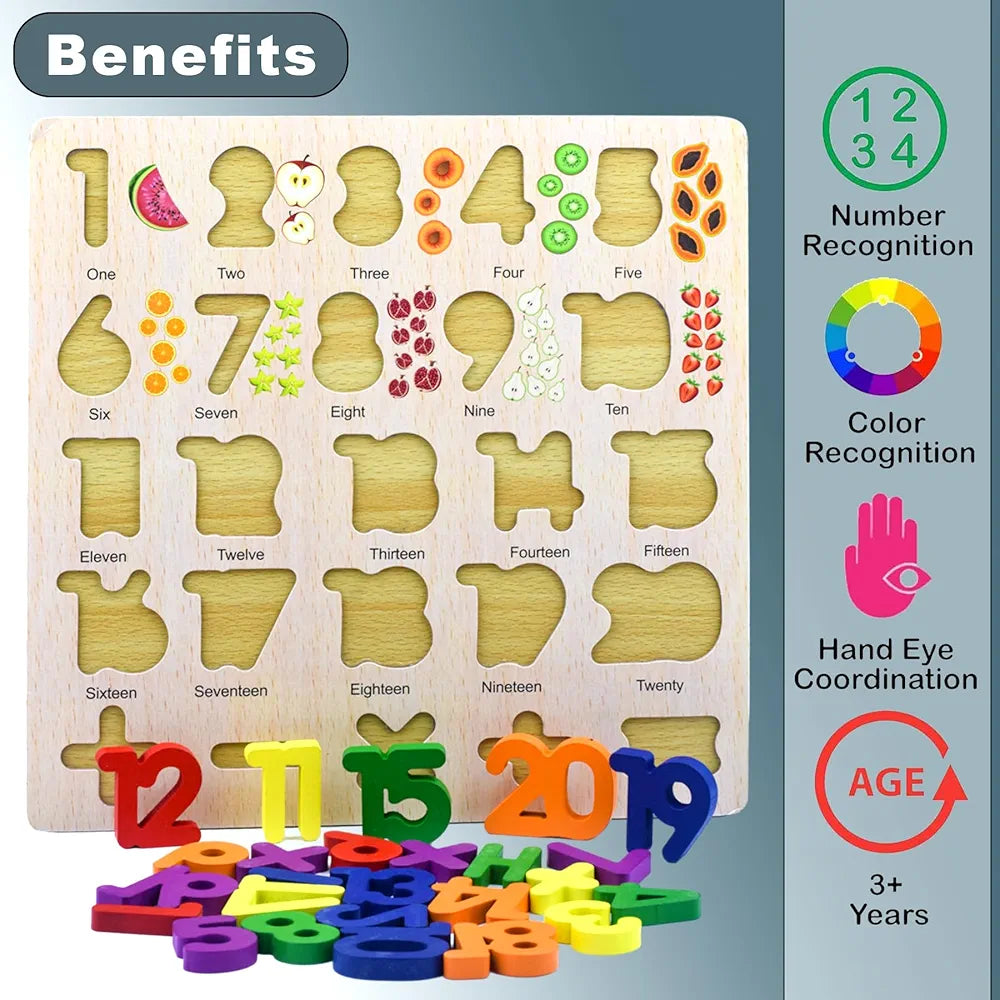 Wishkey 3D Wooden Capital Alphabet & Number Board Puzzles with Pictures,Set of 2 Montessori Educational Learning Letters Toy