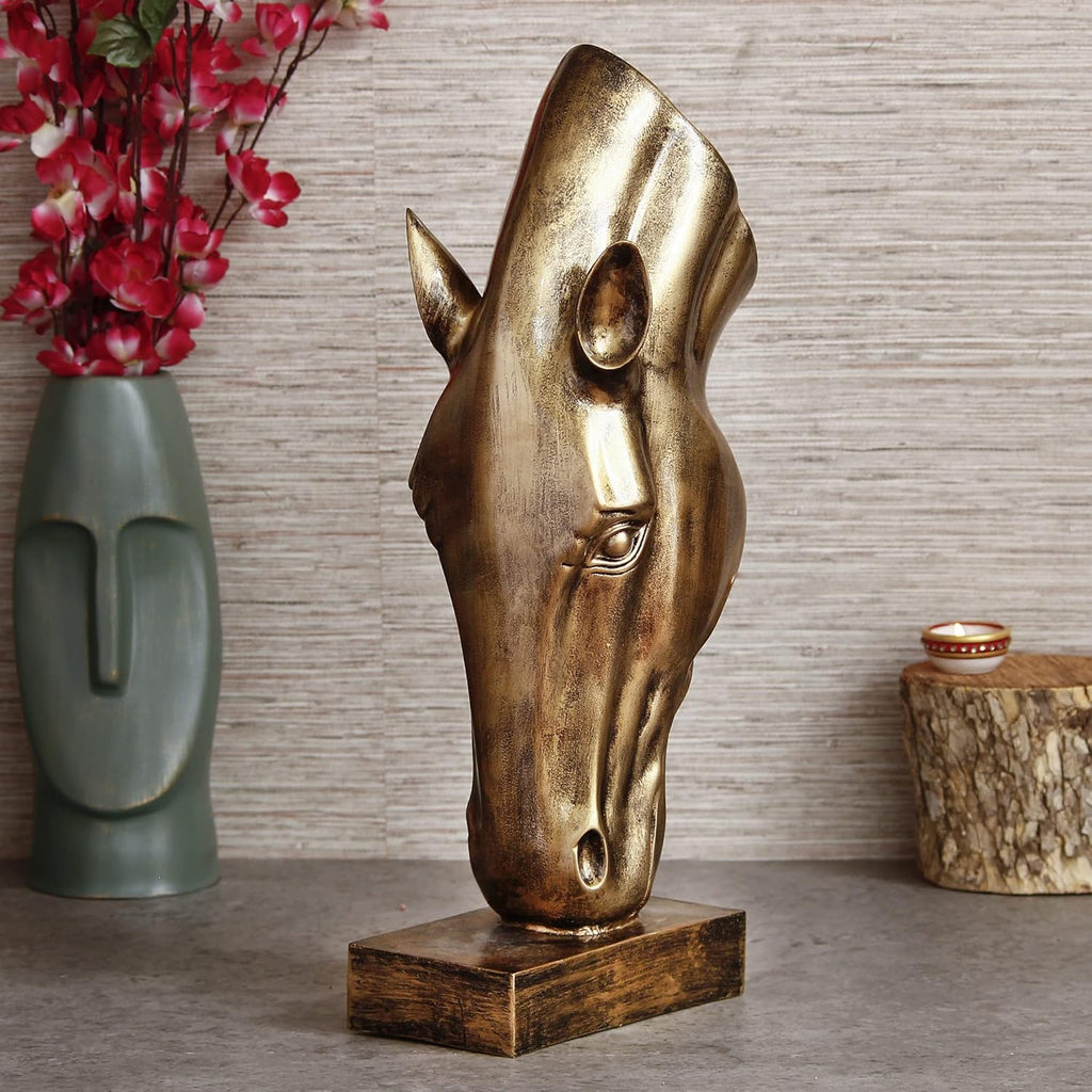 Ecraftindia Golden Antique Finish Elegant Horse Face Handcrafted Polyresin Decorative Showpiece