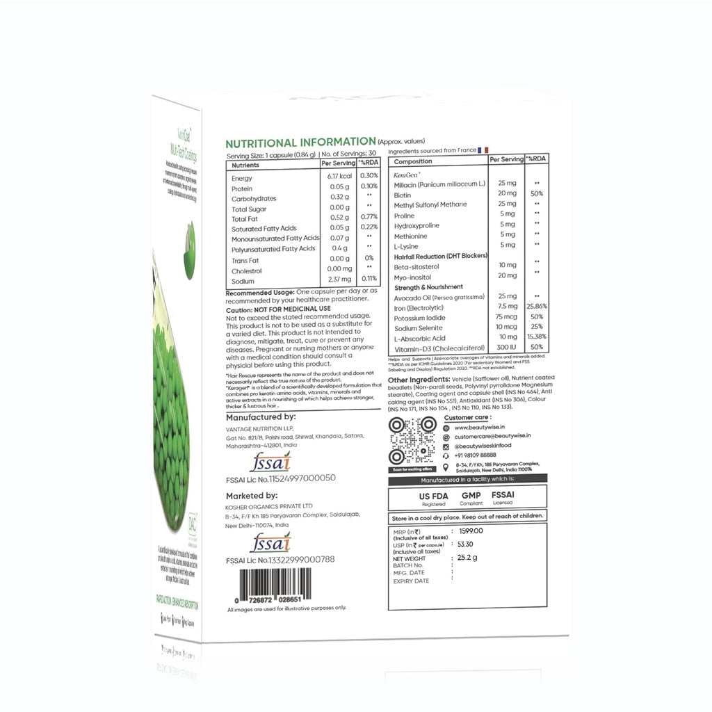 Beautywise HairRescue 30 Capsules| Biotin, Pro Keratin Amino Acids & DHT Blockers | For Hairfall Control & Hair Regrowth | Clinically Tested Ingredients in Dual-Action Capsules | Hair Care Supplement