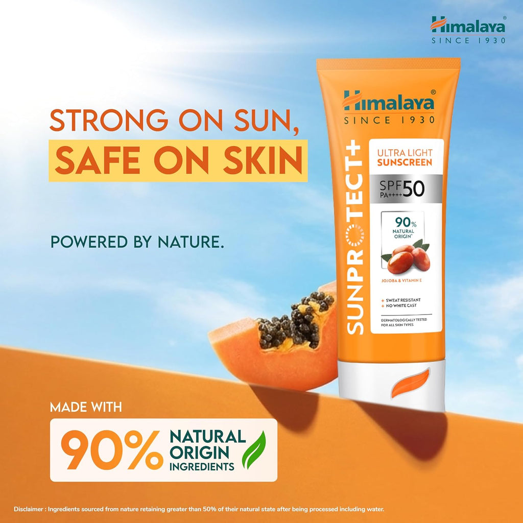 Himalaya Sun Protect+ Ultra Light Sunscreen | 90% Natural Origin Ingredients | In vivo tested SPF 50 PA++++ | Dermatologically tested for all skin types | No white cast | Sweat Resistant | 50g