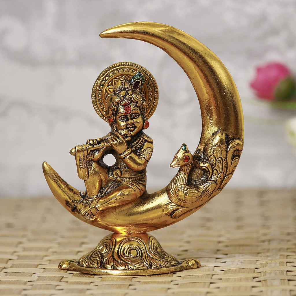 Ecraftindia Golden Metal Handcrafted Lord Krishna Idol Playing Flute and Sitting on Half Moon Decorative Showpiece for Home Decor