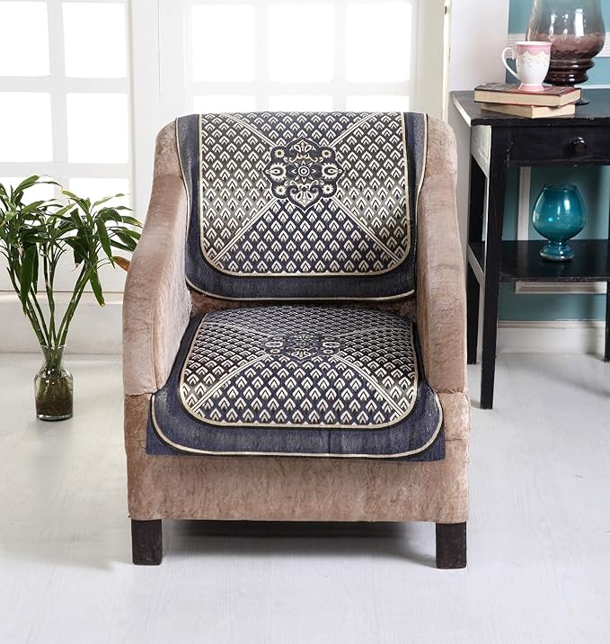 Nendle Chenille Geometric Velvet Fabric 5 Seater Sofa Cover Grey Set of 6 Pieces