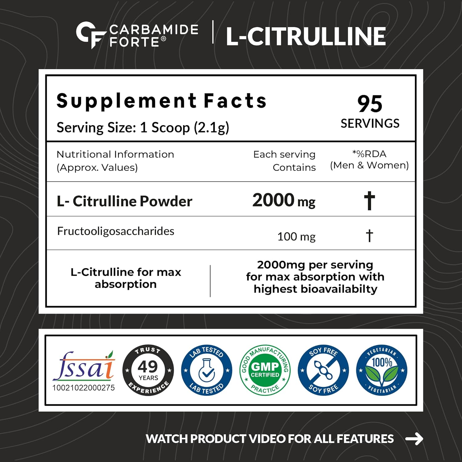 Carbamide Forte L Citrulline Powder 2000mg | pre workout Supplement for men & Women | L Citrulline Malate Powder | 2000mg 100 Unflavored Servings