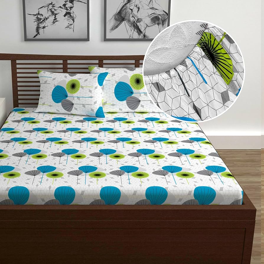 Divine Casa Elastic Bedsheets for Queen Size Bed 144 TC Bed Sheet Double Bed Cotton Elastic Includes 2 King Size Pillow Covers Colour Blue Atoll