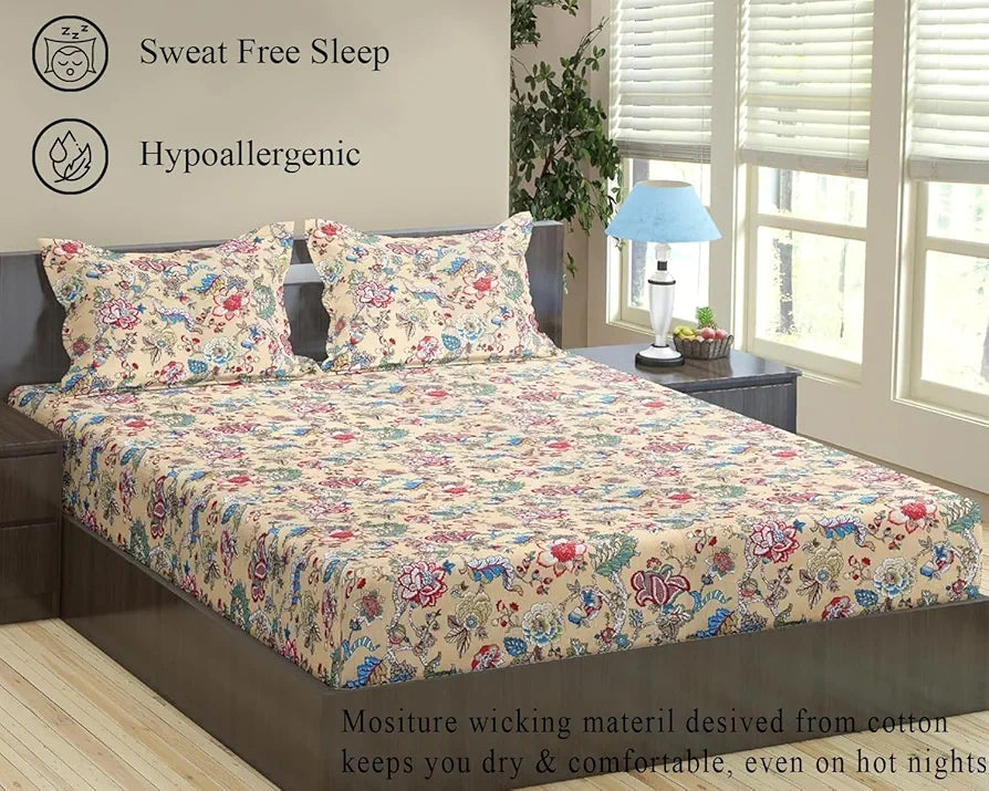 Trance Home Linen 144TC 100% Cotton Heritage Elastic Fitted Bedsheet with 2 Pillow Covers Jaipuri Printed Artisan Block Design Soft Hypo-Allergenic Colour Malhaar red