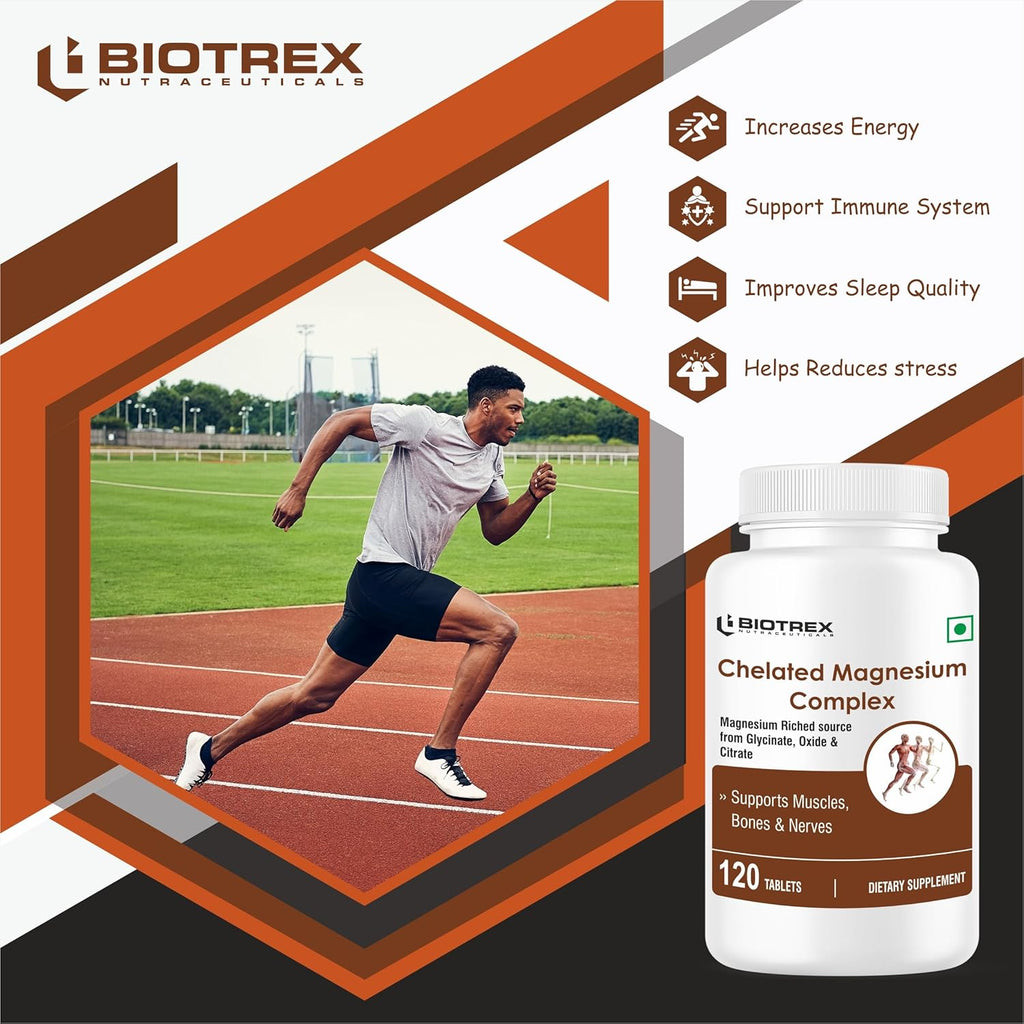 Biotrex Nutraceuticals Chelated Magnesium Complex, Magnesium Riched Source From Glycinate, Oxide & Citrate, Supports Bone, Muscle & Nerves Health - 120 Vegetarian Tablets