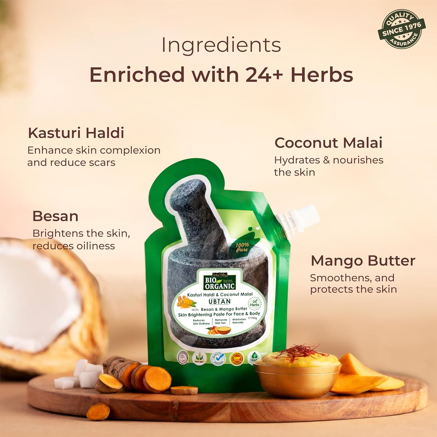 Indus Valley Bio Organic Kasturi Haldi & Coconut Malai Ubtan, Skin Brightening Paste with Besan & Mango Butter for Face & Body