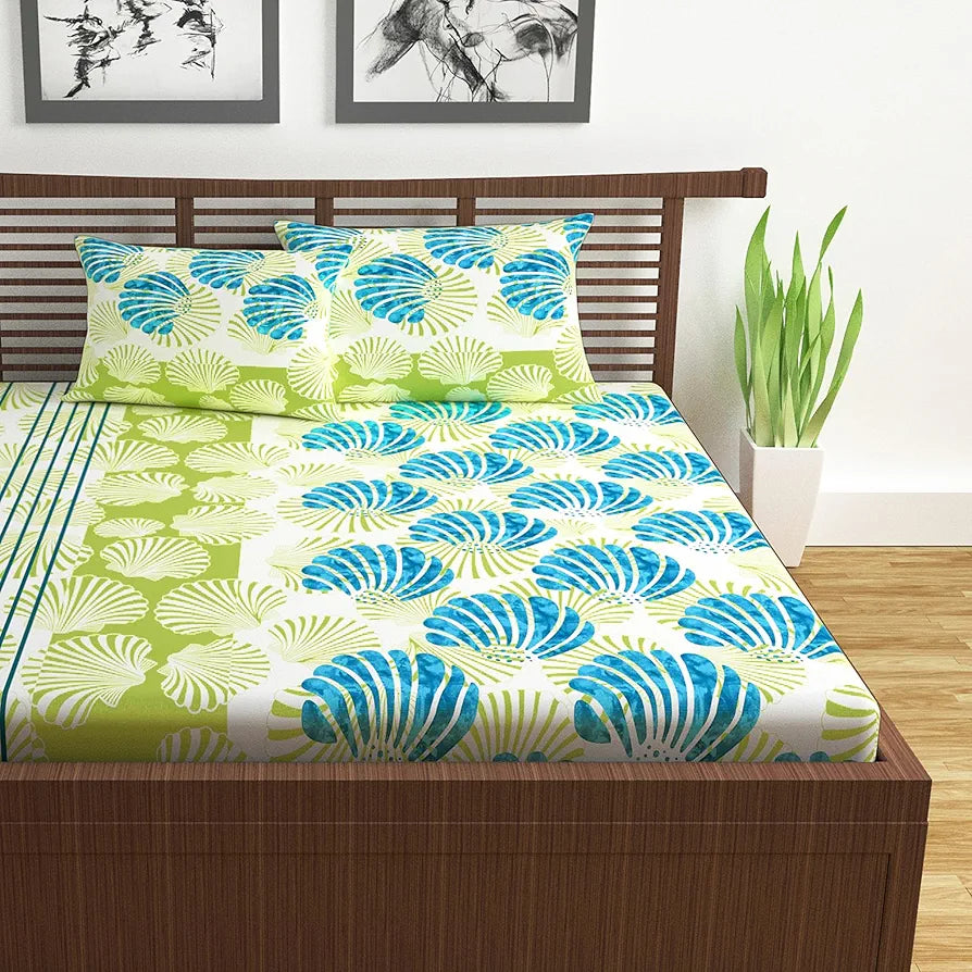 Divine Casa 144 TC 100% Cotton Bedsheet for Double Bed with 2 Pillow Cover Colour Ocean Green
