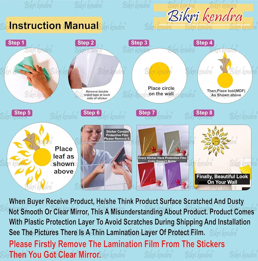 Bikri Kendra Sun Golden with 2 Set Square Golden Decorative Mirror Stickers for Wall 3D Acrylic Stickers