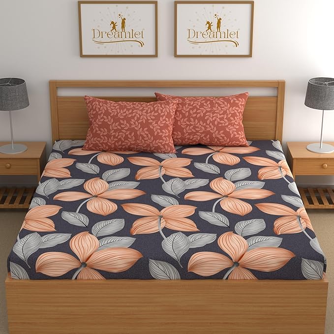 Dreamlet All Around Elastic Supersoft 210tc Premium Cotton Elastic Fitted Bedsheets With 2 King Size Pillow Covers | Blue & Brown