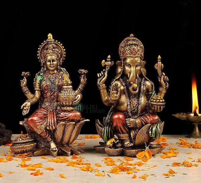 Indicast 7" Inch Cold Cast Resin Laxmi Showpiece for Puja Room and Temple Antique Decor | Metal Finish, Copper