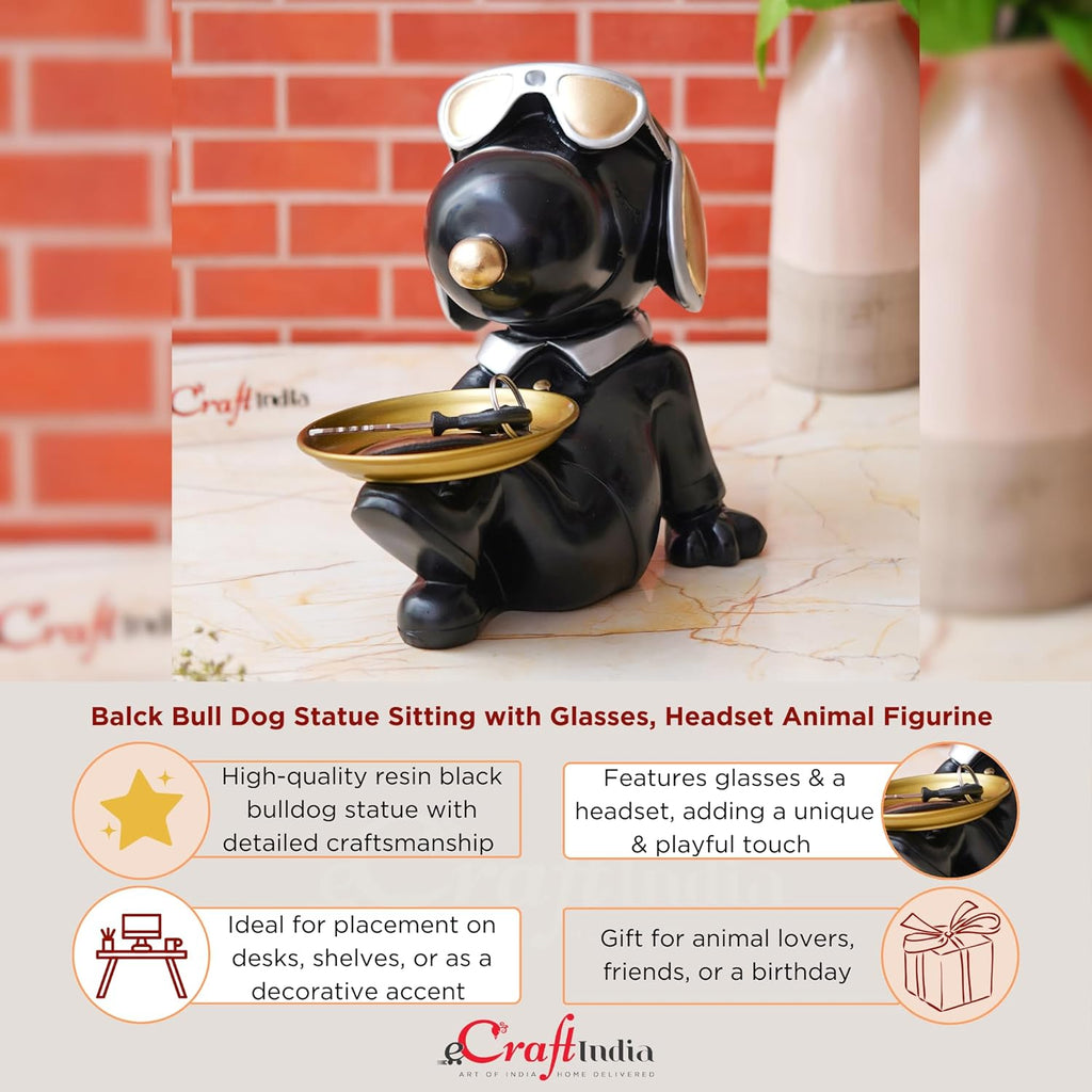 Ecraftindia Cute Balck Bull Dog Statue Sitting With Glasses and Headset Playing Whistle Decorative Animal Figurine