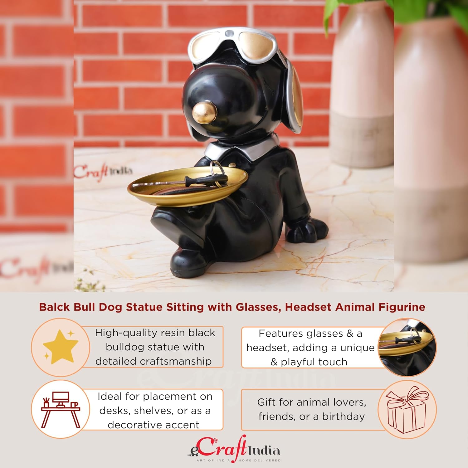 Ecraftindia Cute Balck Bull Dog Statue Sitting With Glasses and Headset Playing Whistle Decorative Animal Figurine