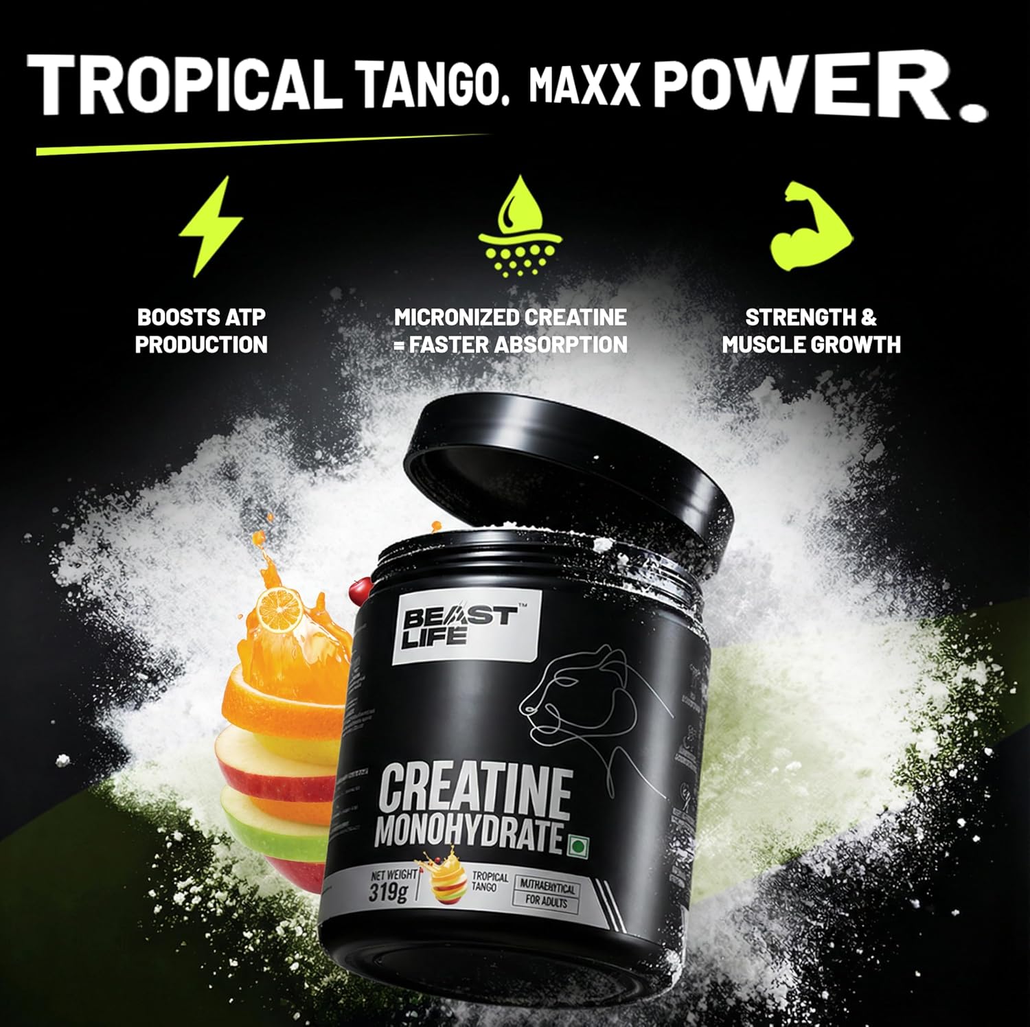 BeastLife Micronised Creatine Monohydrate with Free Shaker | 319 g | 86 Servings | Tropical Tango | NABL Lab Tested | Rapid Absorption for Muscle Strength & Athletic Performance | Super Micronised Creatine Powder
