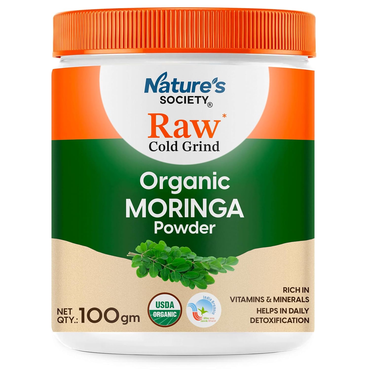 The Nature's Society Â® Organic Moringa Powder | Raw Cold Grind | USA Organic & India Organic Certified | Moringa Leaves Powder | Drumstick Powder for Immunity, Digestion & Energy | 100g