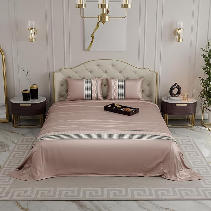 Stoa Paris Bedsheets for Double Size Bed Satin Bedsheet Set Colour Estate-Champagne